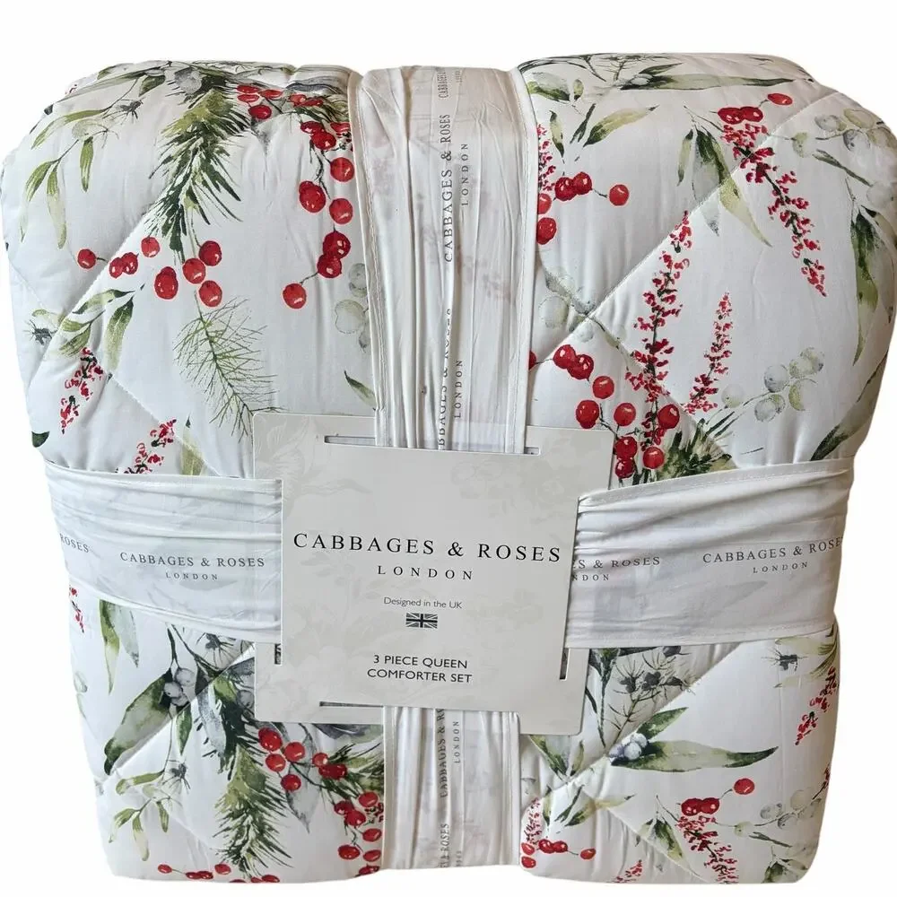 3pc Cabbages & Roses Christmas Foliage Fir Ruby QUEEN Comforter Set NEW